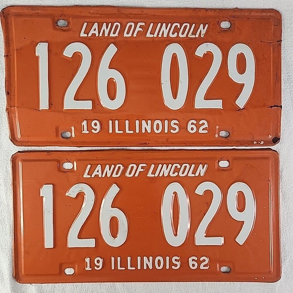 License Plate Set Illinois 1962 126 029 Vintage Man Cave Wall Decor Collector
